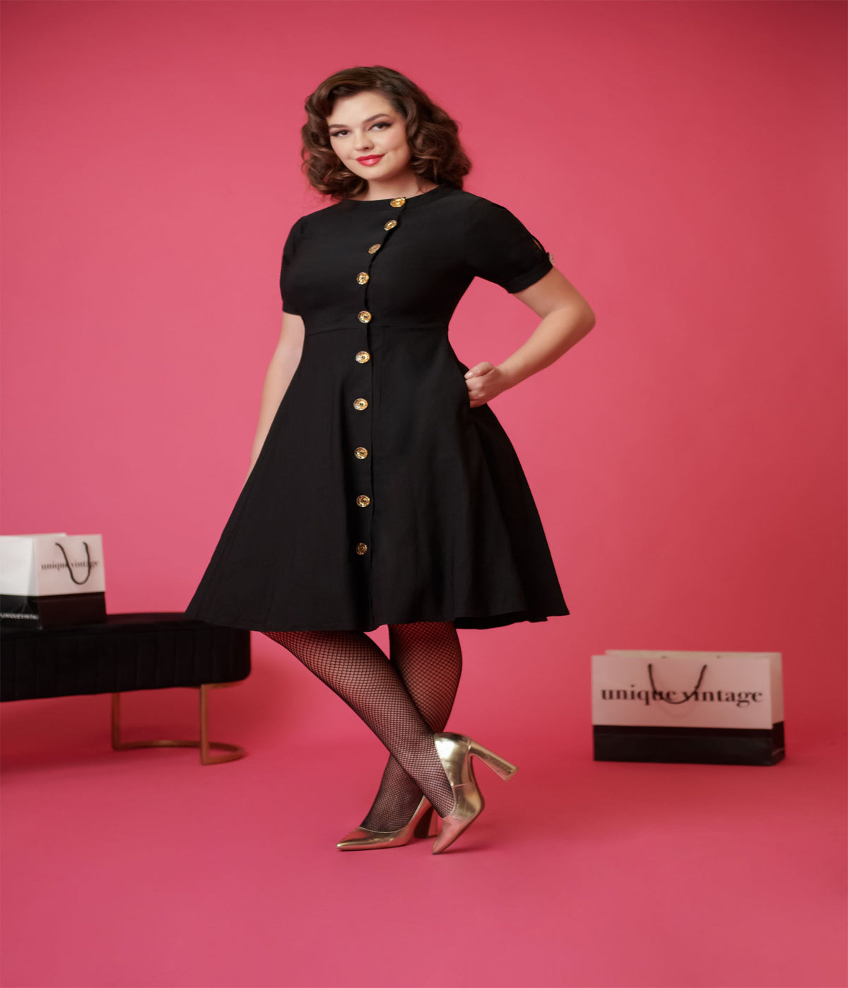 Unique Vintage Black Button Swing Dress