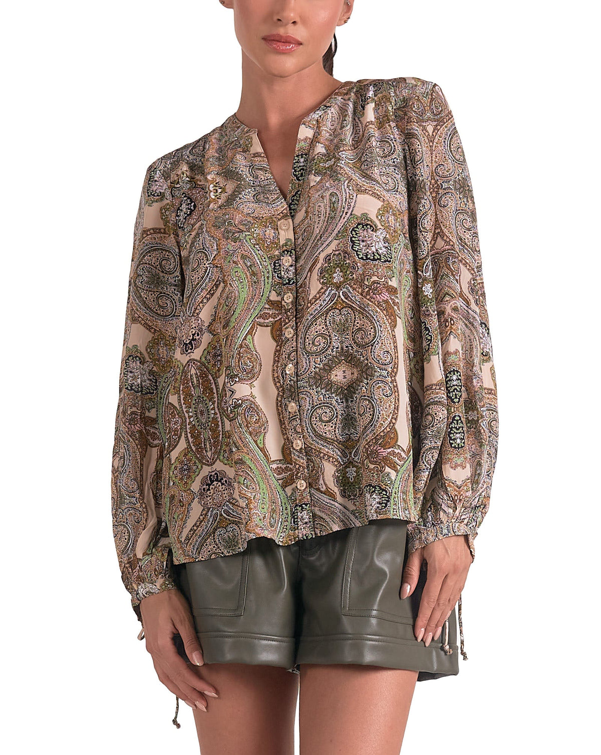 Elan Button Down Paisley Print Top