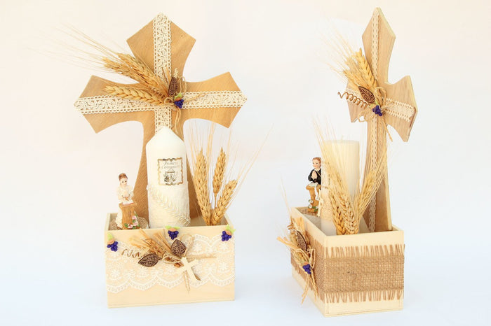 First Communion Wooden Cross & Candle Centerpiece (Boy/Girl Podium)
