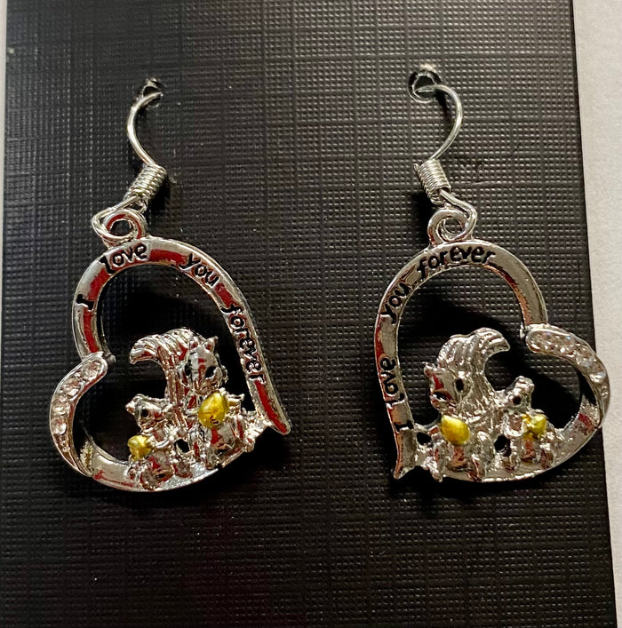 A pair of silver alloy earrings featuring a squirrel inside a heart, with the heart engraved with 'I Love You Forever' and adorned with rhinestones.
