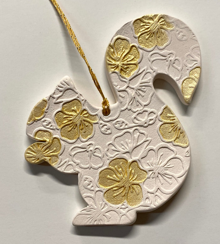 Ornament - Ceramic - White Squirrel with Gold Floral Design - Large
