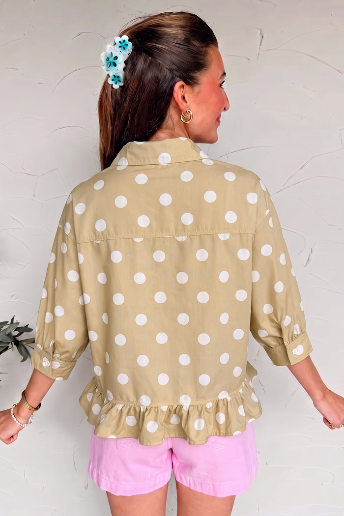 White Polka Dot Print Three Quarter Sleeve Ruffle Hem Casual Shirt
