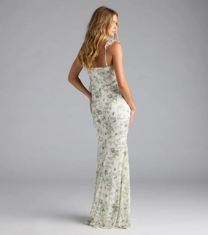 Melita Ruffle Mermaid Floral Mesh Formal Dress