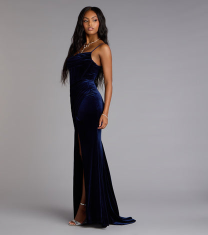 Saylor Velvet Lace-Up Slit Mermaid Formal Dress
