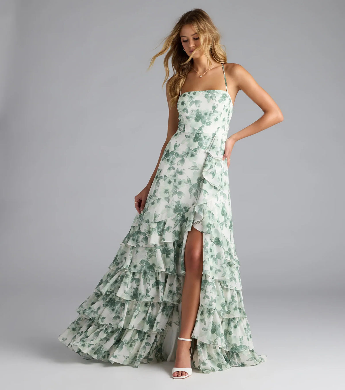Mia Lace-Up A-Line Floral Chiffon Formal Dress