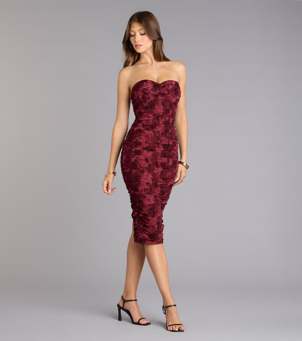 Velvet Bloom Flocked Floral Strapless Midi Dress