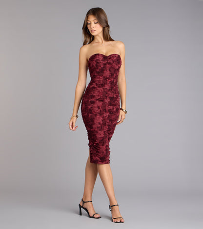 Velvet Bloom Flocked Floral Strapless Midi Dress