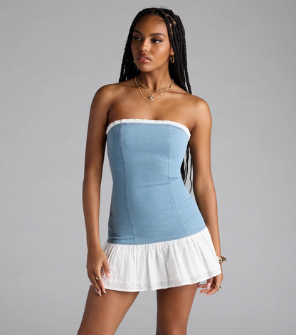 Cutesy Flair Ruffled Denim Mini Dress