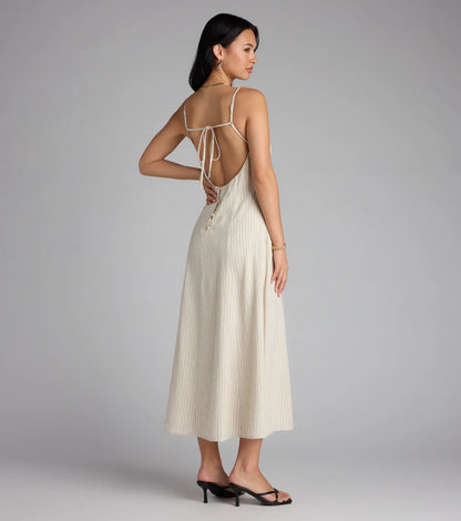 Chic Twist Tie-Back Striped Midi Dress