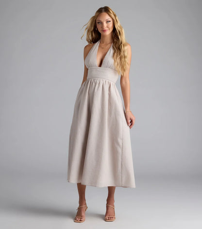 Cup Of Tea Striped Halter Midi Dress With Pockets