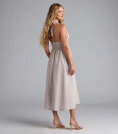 Cup Of Tea Striped Halter Midi Dress With Pockets