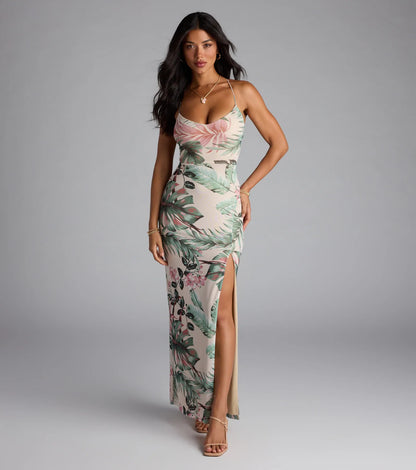 Kiss The Sun Tropical Lace-Up Slit Maxi Dress