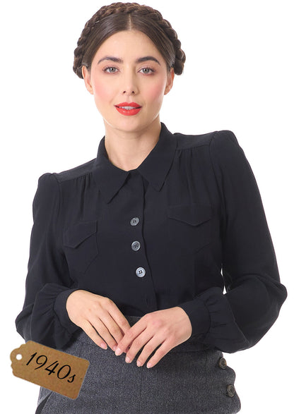 1940s Sweetheart Blouse - Black