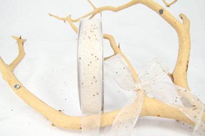 25 yards-White w/ gold Glitter Wire Ribbon 5/8"