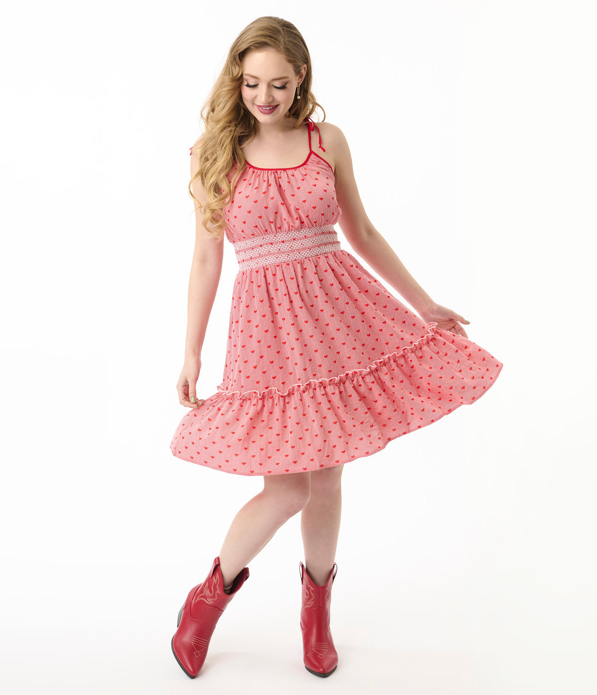 Smak Parlour Red Gingham Hearts Tiered Cotton Flare Dress