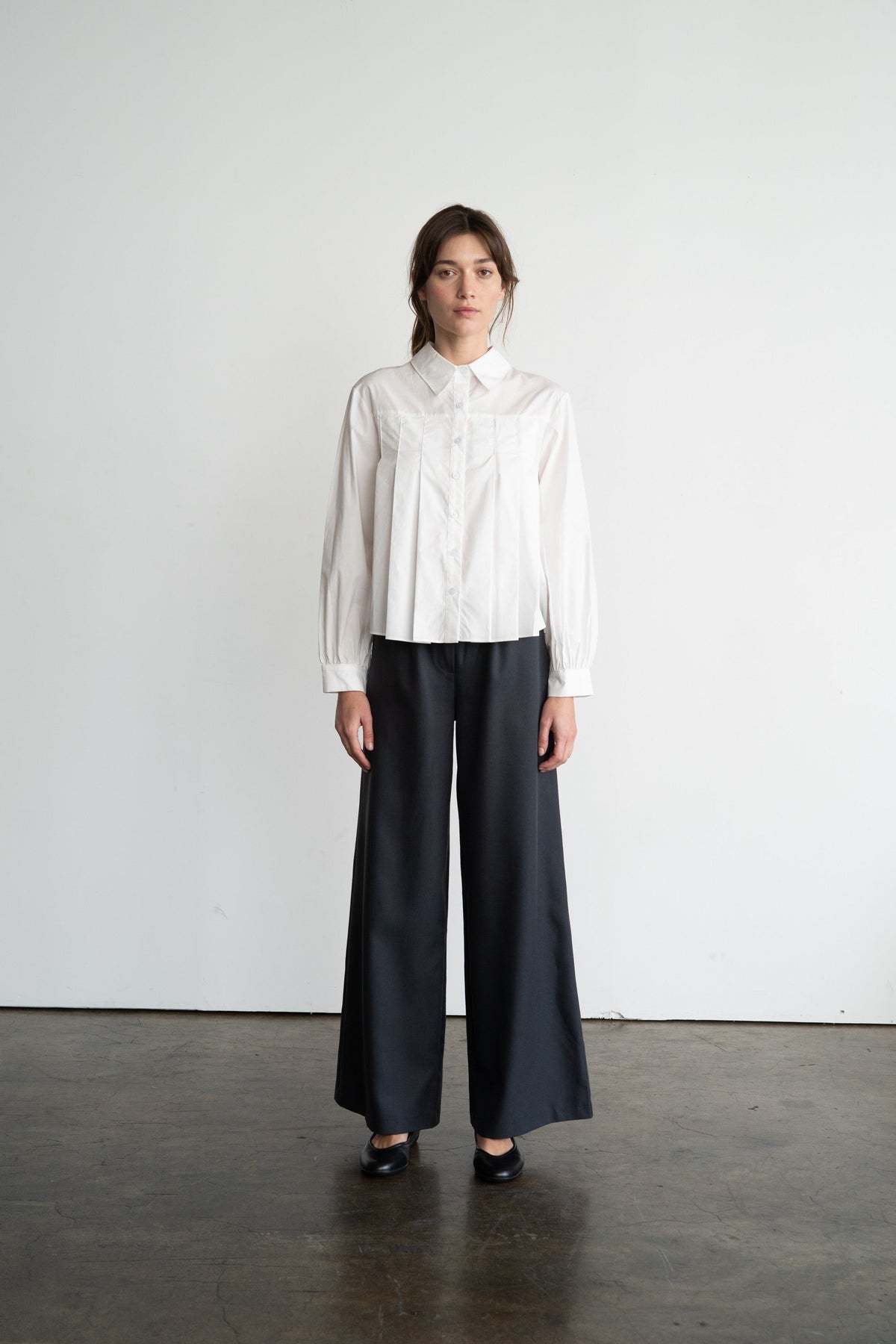 Pleated Poplin Button Down Shirt