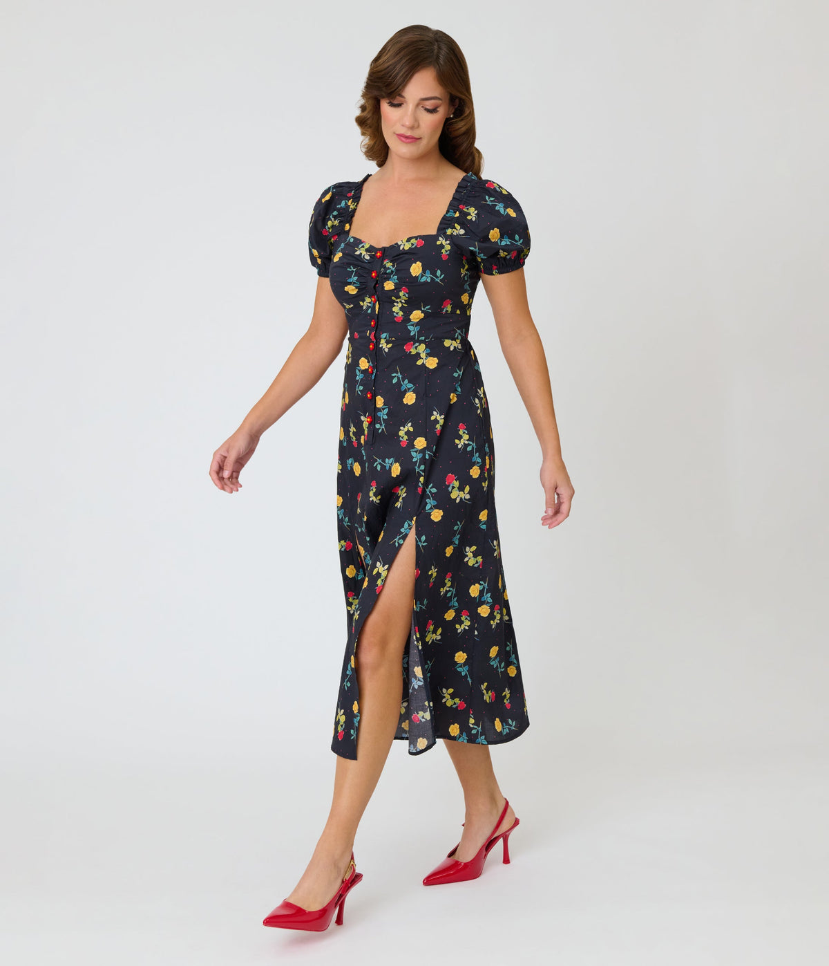 Unique Vintage 1940s Black Floral Midi Dress