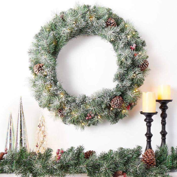 30"D Pre-Lit Glittered Pine Cone Christmas Wreath with 50 Warm White Lights