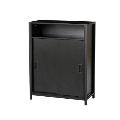 31.75"H Modern Industrial Black Oak Melamine Floor Cabinet with 2 Sliding Doors