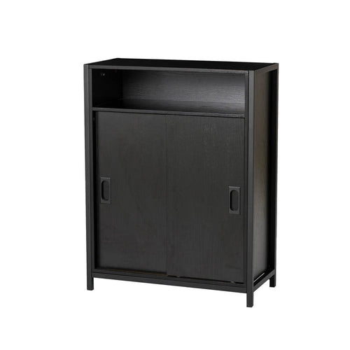 31.75"H Modern Industrial Black Oak Melamine Floor Cabinet with 2 Sliding Doors