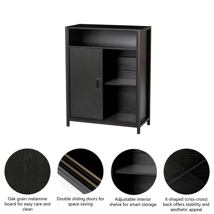 31.75"H Modern Industrial Black Oak Melamine Floor Cabinet with 2 Sliding Doors