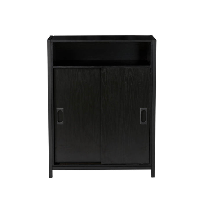 31.75"H Modern Industrial Black Oak Melamine Floor Cabinet with 2 Sliding Doors