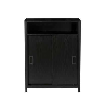 31.75"H Modern Industrial Black Oak Melamine Floor Cabinet with 2 Sliding Doors
