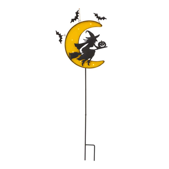 45"H Lighted Halloween Metal Moon and Witch Yard Stake
