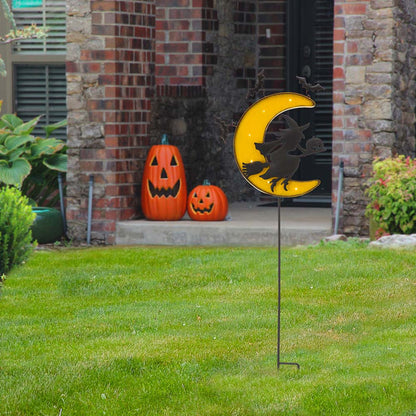 45"H Lighted Halloween Metal Moon and Witch Yard Stake
