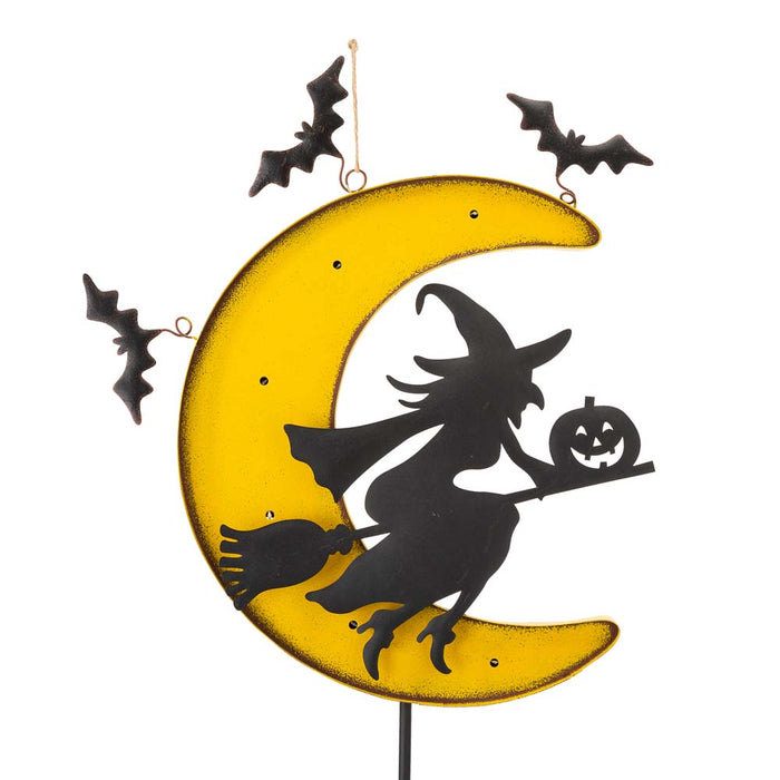 45"H Lighted Halloween Metal Moon and Witch Yard Stake