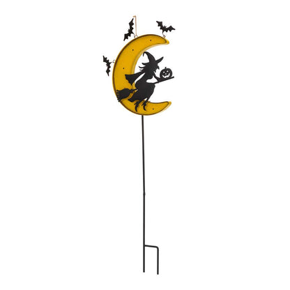 45"H Lighted Halloween Metal Moon and Witch Yard Stake