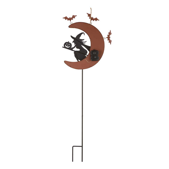 45"H Lighted Halloween Metal Moon and Witch Yard Stake