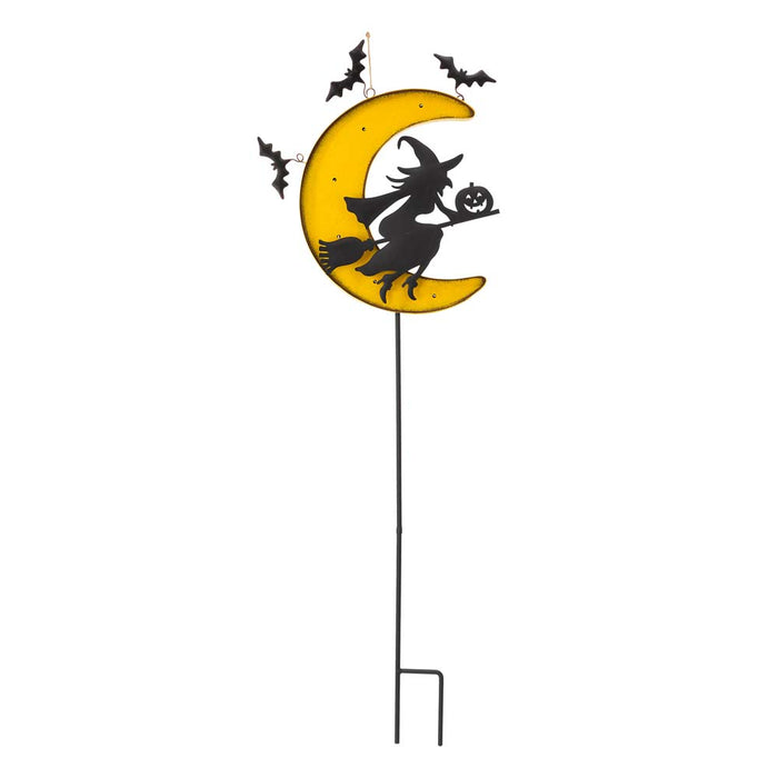 45"H Lighted Halloween Metal Moon and Witch Yard Stake
