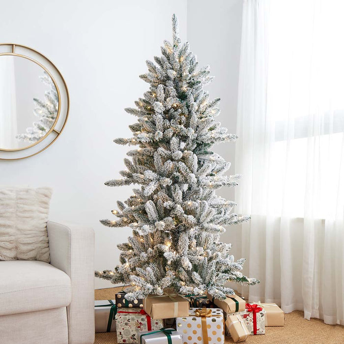 6ft Pre-Lit Snow Flocked Slim Fir Artificial Christmas Tree with 300 Warm White Lights
