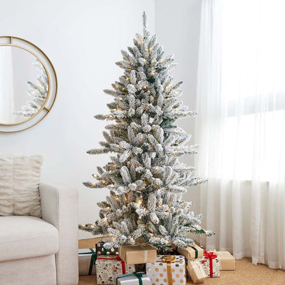 6ft Pre-Lit Snow Flocked Slim Fir Artificial Christmas Tree with 300 Warm White Lights