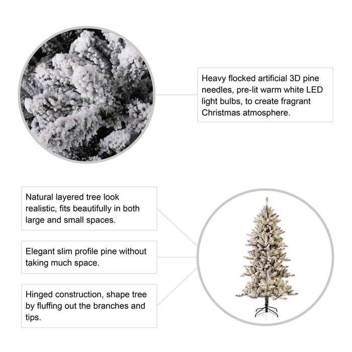 6ft Pre-Lit Snow Flocked Slim Fir Artificial Christmas Tree with 300 Warm White Lights
