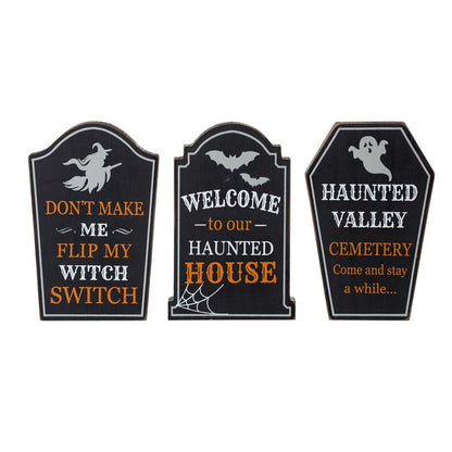 7"H Halloween Wooden Tombstone Table Sign Decor, Set of 3
