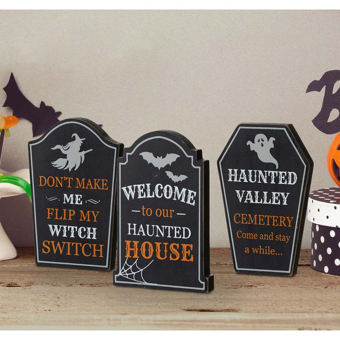 7"H Halloween Wooden Tombstone Table Sign Decor, Set of 3