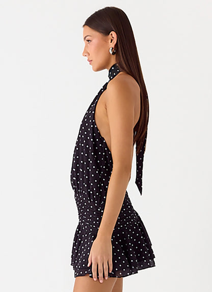 Willow Chiffon Mini Dress - Black Polkadot