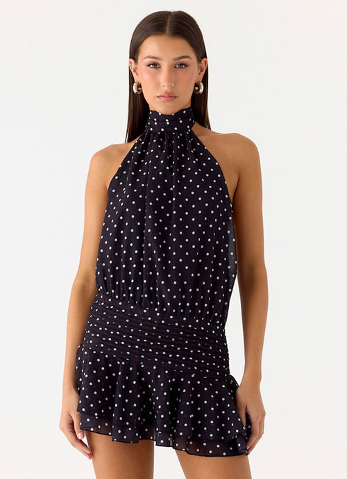 Willow Chiffon Mini Dress - Black Polkadot