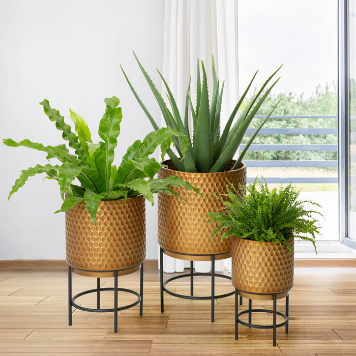 Antique Gold Honeycomb Patterned Metal Potted Planter Stand, Set of 3