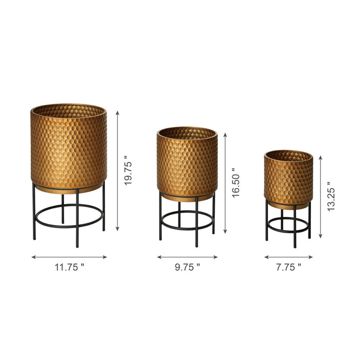 Antique Gold Honeycomb Patterned Metal Potted Planter Stand, Set of 3