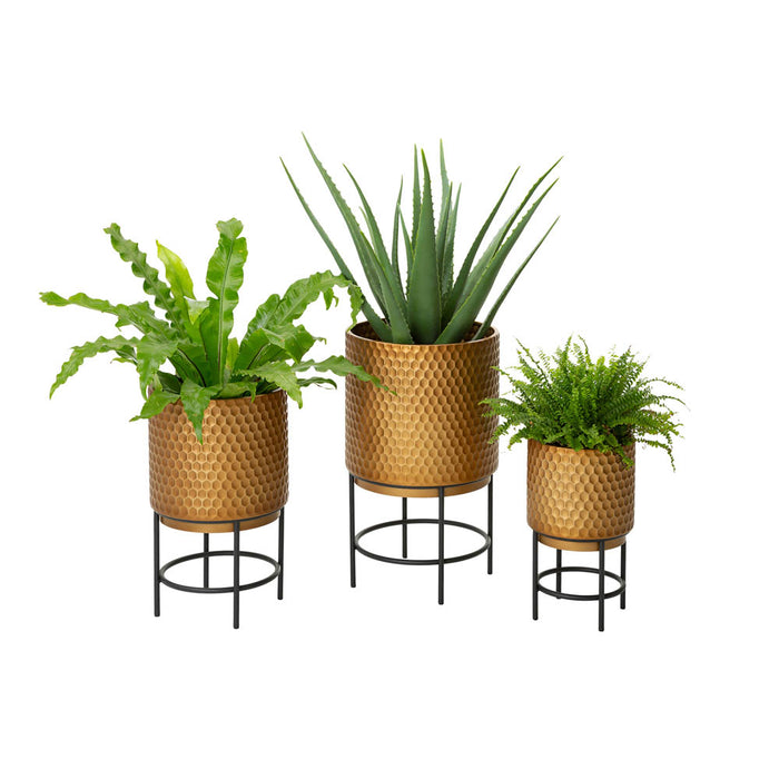 Antique Gold Honeycomb Patterned Metal Potted Planter Stand, Set of 3