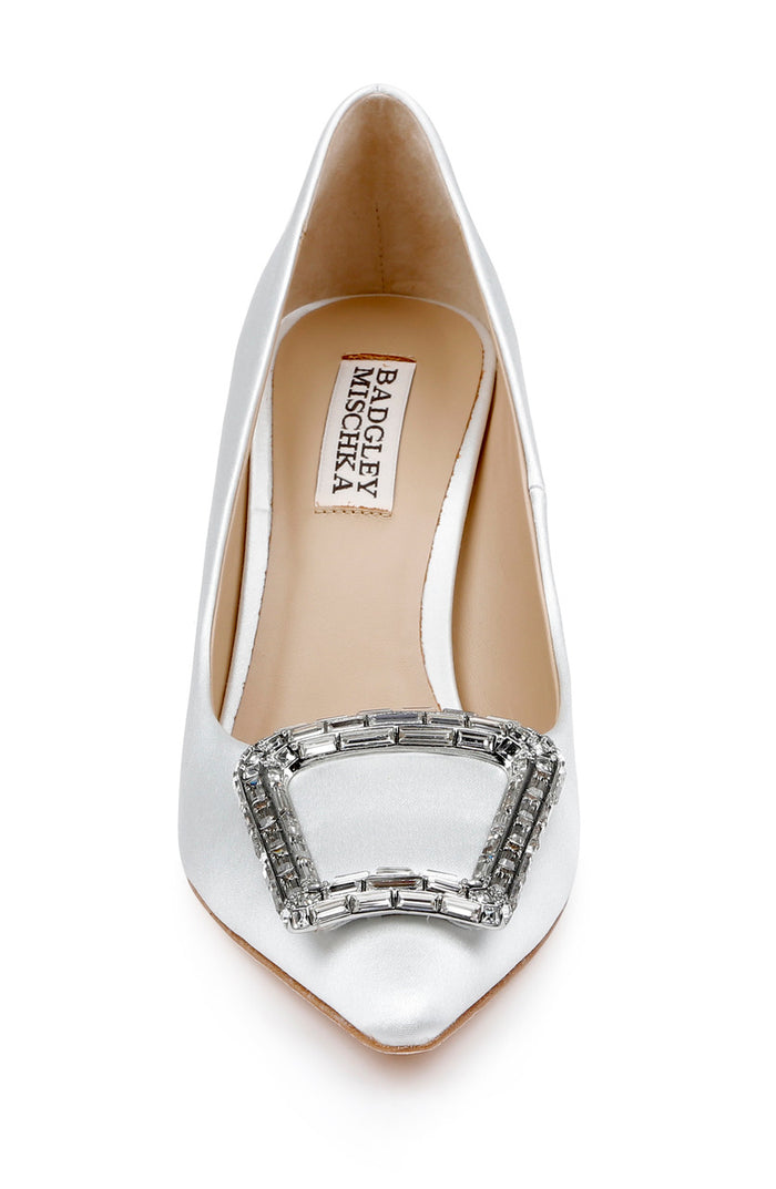 White | Aubree Pointed Toe Stiletto Pumps with Crystal Buckle