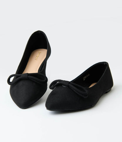 Black Suede Pointed Toe Bow Flats