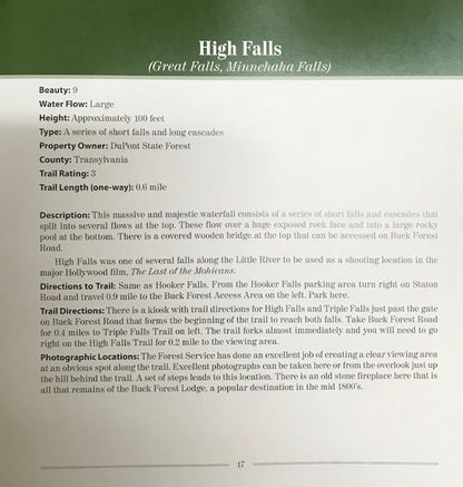 Sample page from Great Waterfalls of North Carolina showing the High Falls entry with beauty rating, trail details, directions, and photography tips for DuPont State Forest