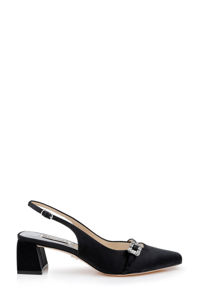 Black | Buena Slingback Block Heels with Crystal Buckle Side