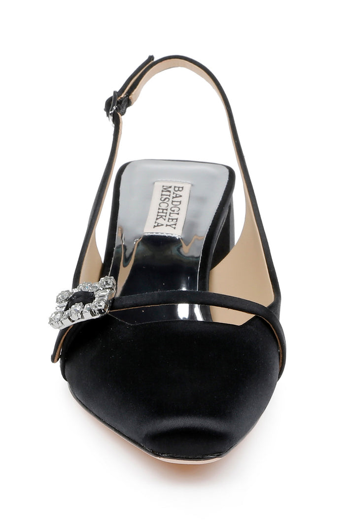 Black | Buena Slingback Block Heels with Crystal Buckle Front