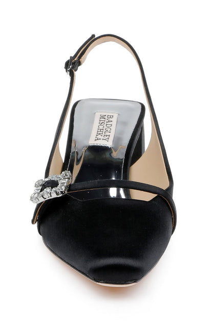 Black | Buena Slingback Block Heels with Crystal Buckle Front