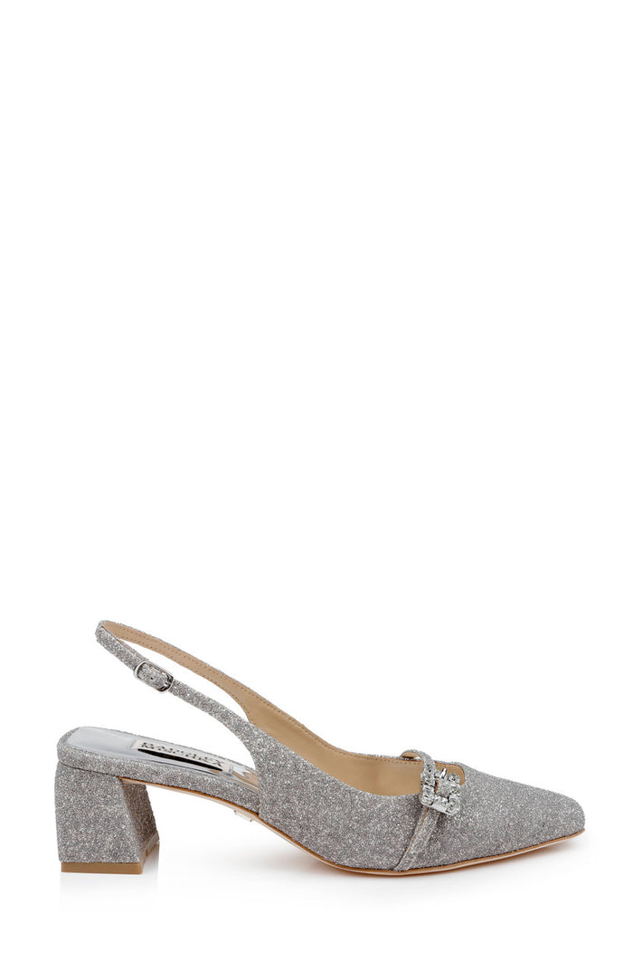 Silver Antique | Buena Slingback Block Heels with Crystal Buckle Side